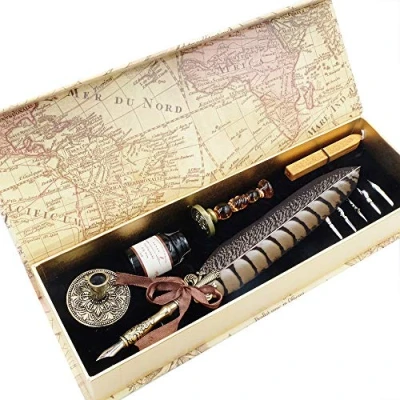 Bild av GC QUILL Fountain Dip Pen kalligrafi fjädrar bläckpenna set med 5 reservfjädrar pennhållare, sigill och vax för signaturer, teckning, skrivande, dekoration gåva LL 66
