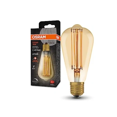 Bild av OSRAM VINTAGE 1906 LED lampa med guldfärg, 5,8W, 470lm, Edison form 64 mm diameter &amp; E27 uttag, varm vit ljusfärg, rak glödtråd, dimbar, upp till 15 000 timmars livslängd