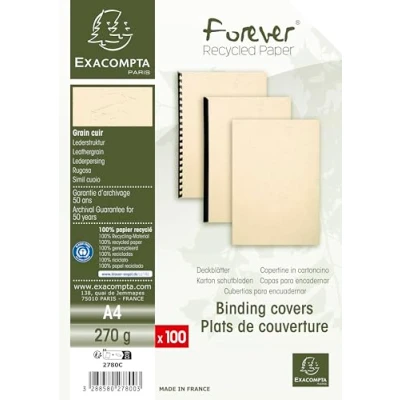 Bild av Exacompta Ref 2784C Förpackning med 100 plattor i återvunnet 270 g/m2 läderhård kartong för Forever omslag A4 format Blue Angel certifierad vit färg
