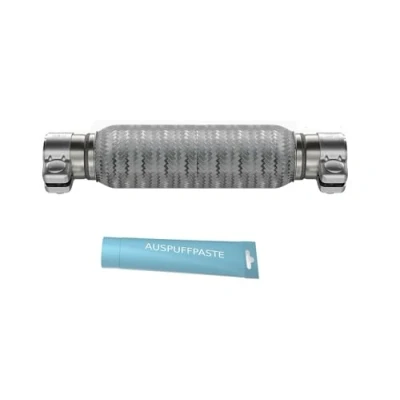 Bild av flexrör, universellt kabelrör, byxrör, flexibelt rör, rostfritt stål, interlock, Ø 55 x 200 310 mm med 2 klämmor inklusive avgasrörspackt. Installation utan svetsning