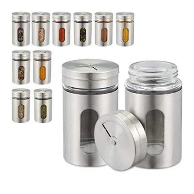 Bild av Relaxdays 10027637 kryddkar set med 12, 3 dispenseringsstorlekar, fönster, örtburkar, glas, rostfritt stål, behållare, silver, plast