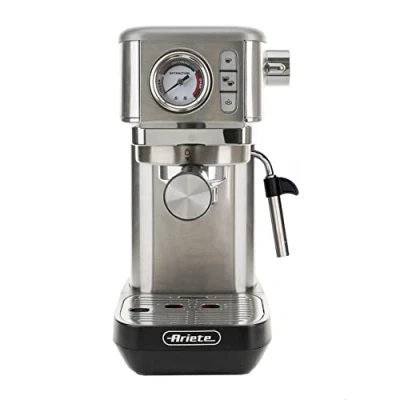 Bild av Ariete Espresso Slim Metal 1381, kaffemaskin med manometer, kompatibel kaffepulver och ESE kuddar, 15 bar Maximum, 1 eller 2 koppfilter, cappuccinomunstycke, 300 W, silver