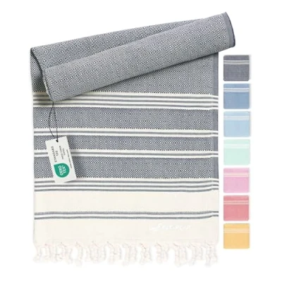 Bild av hamam handduk fouta strandhandduk XXL av 100% återvunnen bomull snabbtorkande strandlakan, fouta, turkisk peshtemal perfekt som bastuhandduk och sarong Mörkblå 100x200cm Diamond