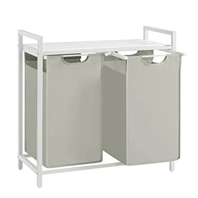 Bild av VASAGLE tvättkorg 2 fack, tvättuppsamlare med hylla, tvättlåda, tvättpåse av Oxfordtyg, utdragbar, avtagbar, metallram, x 46 L, 73 33 72 cm, vit BLH201W01