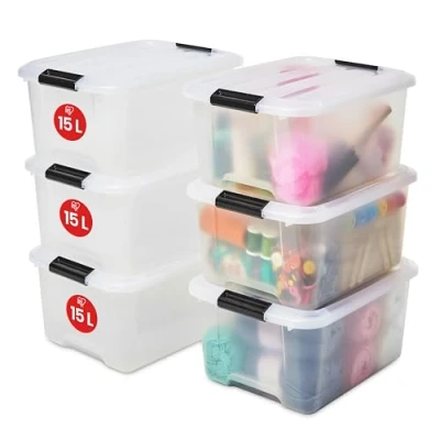 Bild av Iris Ohyama, PlastFörvaringsLådor med lock och stängningsklämmor, 15L, Set 6, Integrerade handtag, Stapelbar, BPA fri, Sovrum, Kontor, Vardagsrum, TB 15, Klar