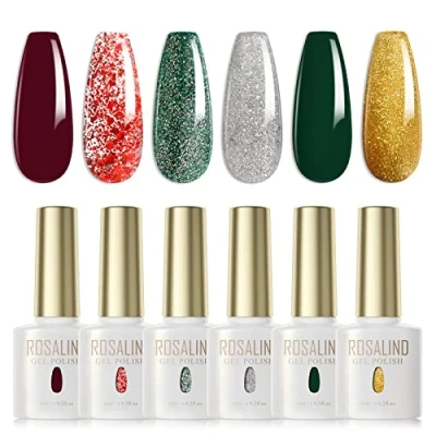 Bild av ROSALIND UV nagellack, 6 färger mörkrött mörkt grönt glitter rödgrönt silver guld gel nagellack set Soak Off nagelkonst salong DIY hem, glitterfärg