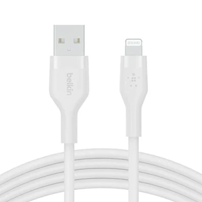 Bild av Belkin BoostCharge Flex silikon USB typ A till Lightning kabel (1 m/3,3 FT), MFi certifierad laddningskabel för iPhone 14/14 Plus, 13, 12, Pro, Max, Mini, SE, iPad med mera vit