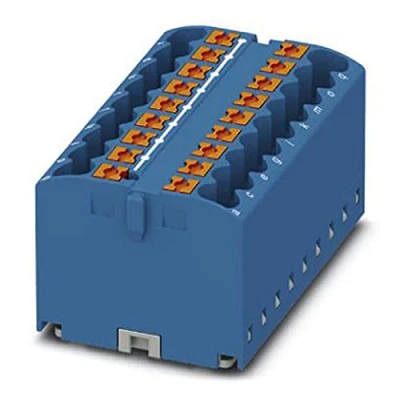 Bild av PHOENIX CONTACT PTFIX 18 x 2,5 G BU distributionsblock, basklämma, 450 V, 24 A, antal anslutningar 18, tvärsnitt 0,14 mm² 4 mm², AWG 2612, bredd 46,9 mm, höjd 22,7 blå, 8 stycken
