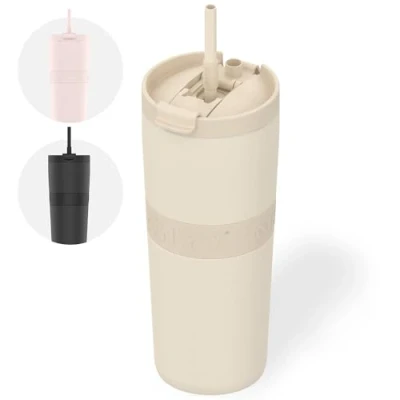 Bild av ONYX Termosflaska med sugrör 0,7 l termoskanna, läckagesäker, perfekt kaffemugg to go, för varma och kalla drycker, termosmugg BPA fri, rostfritt stål isoleringsmugg handtag, beige