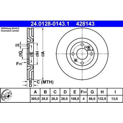 Bild av ATE 24.0128 0143.1 Disque de frein 305,0 28,0 4 108,0 ventilé PEUGEOT: 406 Coupe