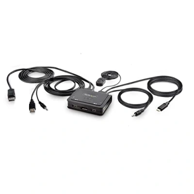 Bild av StarTech.com KVM DisplayPort USB C switch med 2 portar 1,8 m A/DisplayPort/Audio kablar och 1,2 4K kabeldriven fjärrknappsomkoppling/Hotkey (C2 D46 UAC CBL KVM)
