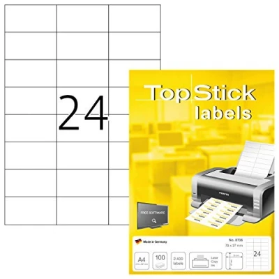 Bild av TopStick 8706 adressetiketter A4, set med 10 (70 x 37 mm, 1 000 ark, papper, matt) självhäftande, utskrivbara, permanenta universella etiketter, 24 klistermärken, vit