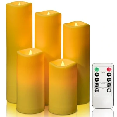 Bild av YIWER Vattentäta LED flamlösa ljus, batteridrivna flimrande ljus med externa timers, smälter inte, elfenbensfärgade plastset 5 D2,2 tum x H 4 8 9 för festdekoration
