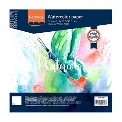 Bild av Vaessen Creative Florence Akvarellpapper 12 x 12, vit, 300 GSM, konstkvalitet, texturerad yta, 5 ark för målning, hantering, konstprojekt med mera