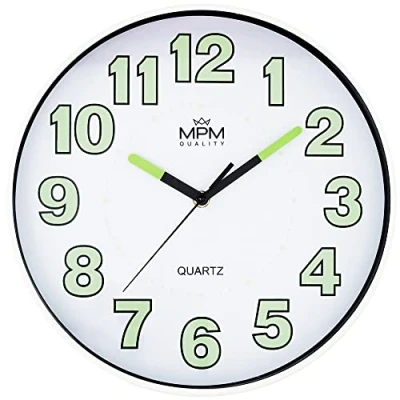 Bild av MPM Quality Lumini Wall Clock väggklocka med luminescen, kvartsrörelse svept, vit/svart, väggdekoration Ø 300 x 40 mm, rund design modern för vardagsrum, kök, kontor, sovrum, alla rum