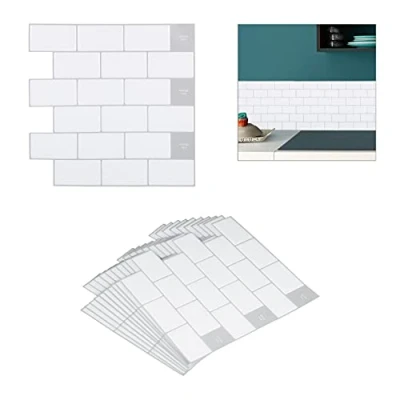 Bild av Relaxdays Kakeldekaler, set om 10, självhäftande, kök och badrum, 30,5 x cm, 3D, Subway självhäftande plattor, vit, 10037486_469