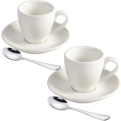 Bild av ionEgg espressokopp i porslin med fat och miniskedar rostfritt stål, för kaffekopp, 80 ml/76,5 g, 2 pack, vit