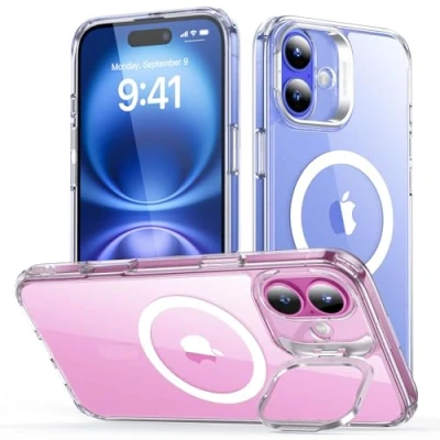 Bild av ESR iPhone 16 fodral med stativ, Magsafe Halolock fodral, militärklassskydd, inbyggt kamera ringhållare, transparent