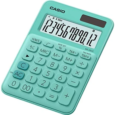 Bild av CASIO Bordsräknare MS 20UC GN, 12 siffrig i trendiga färger, styrberäkning, tidsomvandling, sol /batteridrift, grön