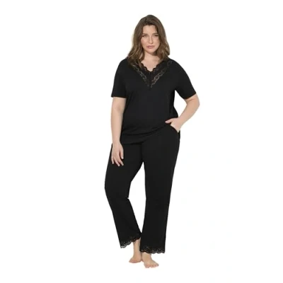 Bild av Ulla popken damer stora storlekar överdimensionerade plus size pyjamas, spets, v hals, halvärm, väskor, svart, 54 56