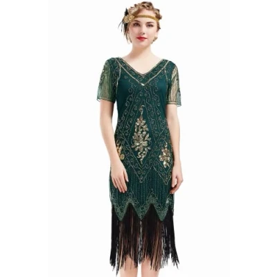 Bild av BABEYOND 1920 tals klänning damer charlestonklänning med kort ärm Gatsby temafest kostym klänning, Mörkgrön, L