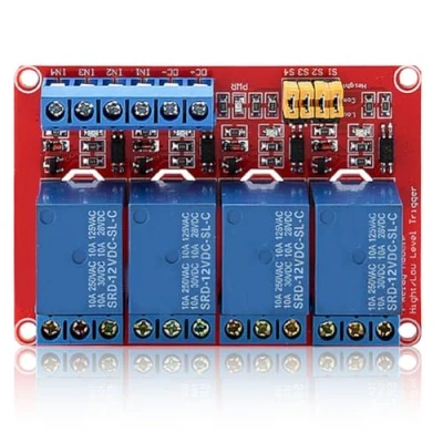 Bild av 4 kanals relämodul, relämodulskiva med optokopplare hög och låg triggermodul för Arduino 5 V/12 V/24 V (12 V) reläsäkring