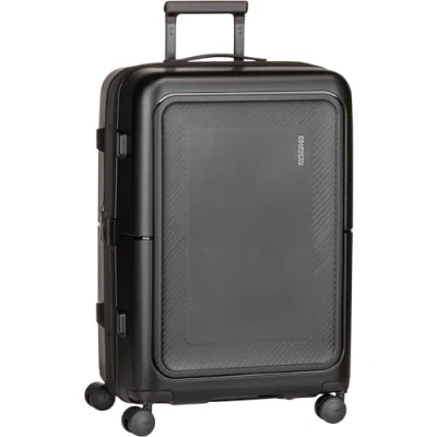Bild av American Tourister expanderbar medelhård vagn med 4 svängbara hjul och integrerat lås 3 siffrig kombination TSA funktion har ett stort huvudfack, elastiska remmar, Svart, M, Kunnig