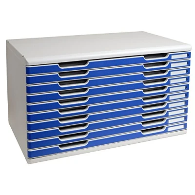 Bild av Exacompta Ref 324003D MODULO A3 Lådhurts med 10 stängda lådor för A3+ dokument Utvändiga mått: Djup 35 x Bredd 57,6 Höjd 32 cm Ljusgrå/blå