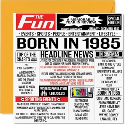 Bild av 39:e födelsedagskort för män kvinnor född 1985 tidning Happy 39 bror syster vänner vintage retro tillbaka 1985, 145 mm x trettio nio nionde födelsedag