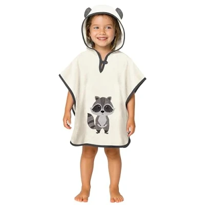 Bild av LAYNENBURG Premium badponcho för barn med huva 100 % bomull OEKO TEX baby pojkar flickor handduk poncho frotté, Kräm tvättbjörn, 1 3 år