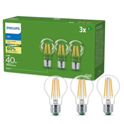 Bild av Philips LED Ultraefficient Classic: 40W, A60, E27, 2700 Kelvin, Klart glas, 485 lumen, Ej dimbar, 50000 timmar livslängd, 3 pack