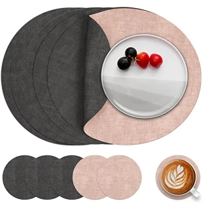 Bild av Myir JUN Läder bordstabletter och underlägg set med 6, bordsmattor runda vattentäta dubbelsidiga köksmattor kaffe mattor värmetåliga bordsunderlägg halkfria tvättbara (set grå rosa)