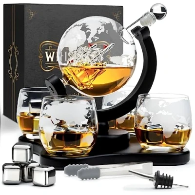 Bild av Whiskey Karaffflaska Globus Whiskeyset 900 ml Gåvor till män Innehåller 4 whiskeystenar, whiskeyglas och en tång