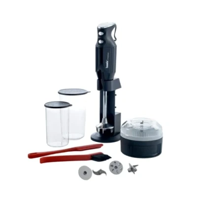 Bild av bamix M350 MAXX stavmixerset med stativ, 2 koppar, 4 tillbehör, processor, spatel, rengöringsborste, 350 watt, tillverkad i Schweiz, svart/krom