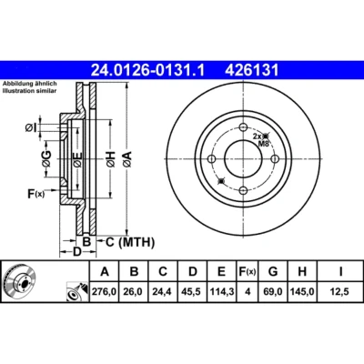 Bild av ATE 24.0126 0131.1 Disque de frein 276,0 26,0 4 114,3 ventilé revêtu MITSUBISHI: Lancer 7, 7 Limousine, Galant 6
