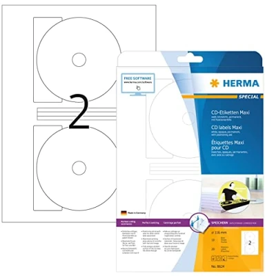 Bild av HERMA 8624 CD etiketter inklusive positioneringshjälp A4 ogenomskinlig (Ø 116 mm MAXI, 10 ark, papper, matt) självhäftande, utskrivbara, permanenta DVD etiketter, 20 klistermärken, vit