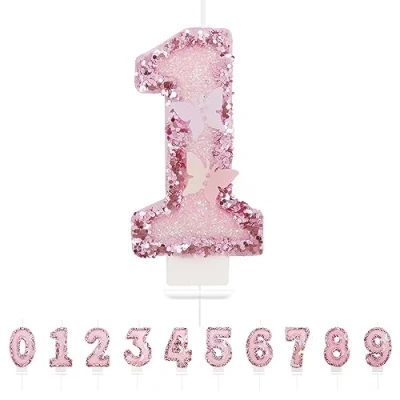 Bild av Ljus för 1 års födelsedag, 3D fjärilsljus, nummer rosa födelsedagsljus tårta dekoration, lämplig födelsedagsfester babyparty
