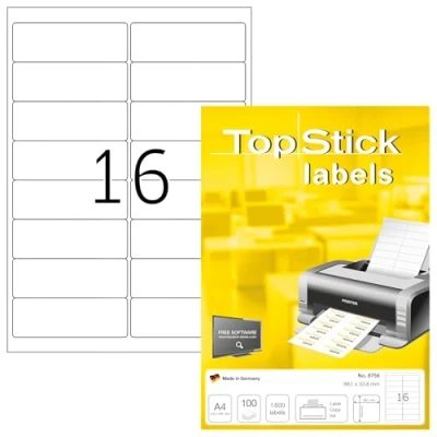 Bild av TopStick 8756 adressetiketter A4 (99,1 x 33,9 mm, 100 ark, papper, matt) självhäftande, utskrivbara, permanenta universella etiketter, 1 600 klistermärken, vit