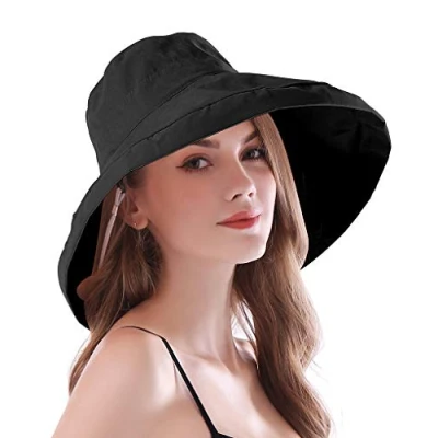 Bild av AIDIER Kvinnor brett brätte solhattar med remmar damer vikbar UPF 50+ solskydd hinkhatt elegant resa sommarhatt, Svart, one size