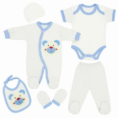 Bild av Blue Eyes nyfödd baby presentset unisex 6 delar första kläder &amp; babyutrustning + bomullsväska 100 % naturlig OEKO‑TEX® bomull spädbarn 04 månader present till babyshower dop (blå)