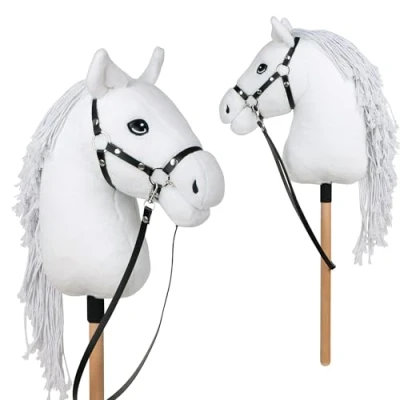 Bild av Pink Papaya Hobbyhäst, med grimma och träns, käpphäst för hobby horsing, häst att rida barn.