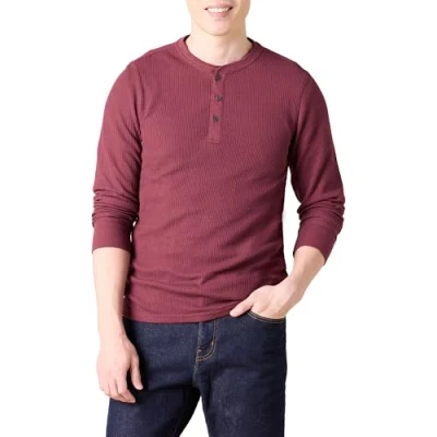 Bild av Amazon Essentials Men&#039;s Långärmad Henley våffelskjorta med smal passform, Vinröd, L