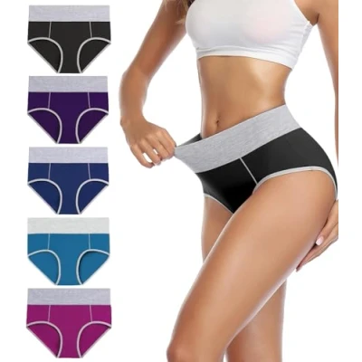 Bild av wirarpa Bomullsunderkläder för kvinnor, stretchiga briefs med hög midja, mjuka underbyxor, damunderkläder full täckning, 5 pack., L