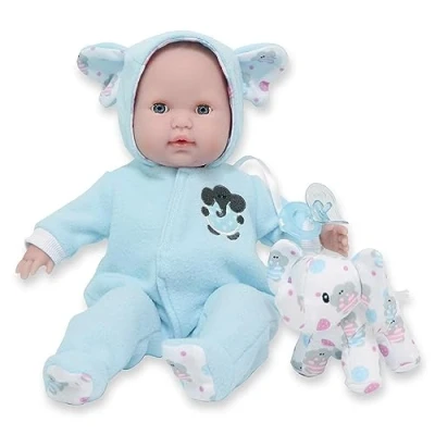 Bild av JC TOYS Berenguer Boutique docka, 38 cm, mjuk kropp, öppna och stänga ögonen, inklusive kläder elefantplyschdjur, blå, designad av Berenguer, från 2 år