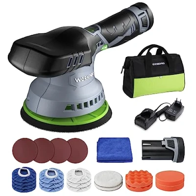 Bild av WORKPRO excentrisk polermaskin 12 V, batteripoleringsmaskin 2 800 5 500 RPM, polering, trådlös 150 mm, med x 2,0 Ah batteri &amp; 1 väska 23 tillbehör, bilpolerset