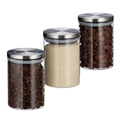 Bild av Relaxdays Förvaringsglas set om 3, 600 ml, lufttät, lock i rostfritt stål, för müsli, ris och te, köksbehållare, transparent, 14 x 9,5 cm