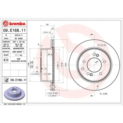 Bild av BREMBO 09.E168.11 Disque de frein 307 20 5 ventilé l&#039;intérieur revêtu SSANGYONG: Stavic SUV, RODIUS I, 2