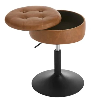 Bild av WOLTU Sminkstol, låg barstol, kökspall, höjdjusterbar pall, sammetspall, svängbar, rund sits med förvaring, multifunktionell, brun, BH439br 1