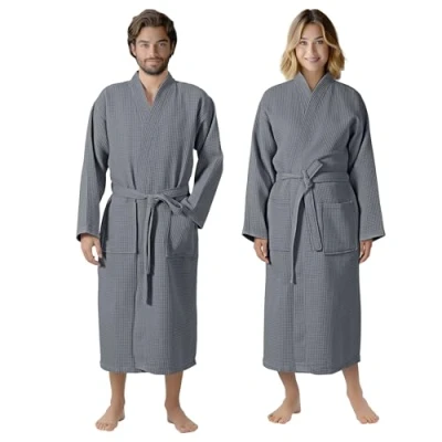 Bild av HOMELEVEL Pique badrock resebadrock 100 % bomull för kvinnor och män, morgonrock, kimono, basturock, resa, morgonkjol, piké, våffelpiké, kvinnor, antracit, XL