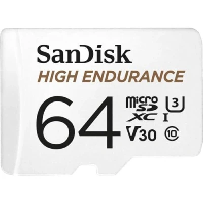 Bild av SanDisk HIGH ENDURANCE Video Monitoring for Dashcams &amp; Home 64 GB microSDXC Memory Card + SD Adaptor, Up to 100 MB/s read and 40 Write, Class 10, U3, V30, White